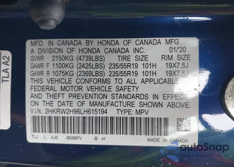 2020 Honda Cr-V Awd Touring z USA, uszkodzony, nr VIN 2HKRW2H96LH615194